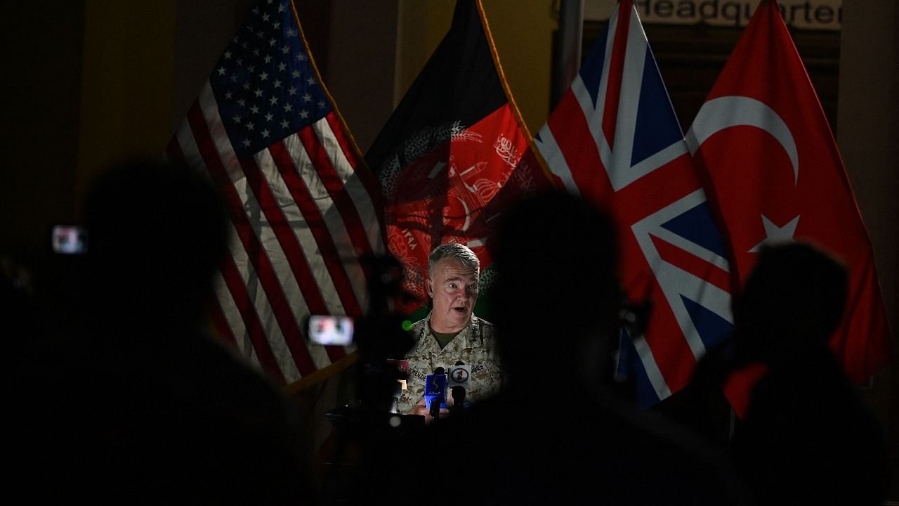 Head of the US Central Command, General Kenneth McKenzie, speaks during a press conference at the former Resolute Support headquarters in the US embassy compound in Kabul. Credit: AFP Photo