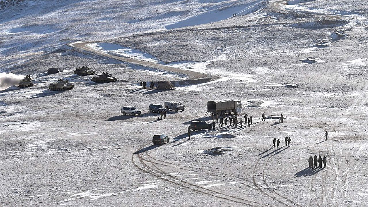 An undated handout photograph released by the Indian Army on February 16, 2021 shows People Liberation Army (PLA) soldiers and tanks during military disengagement along the LAC. Credit: AFP Photo