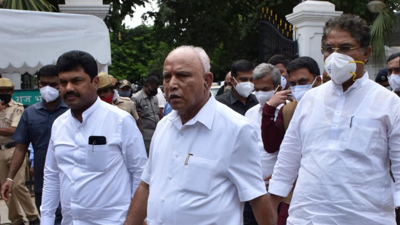B S Yediyurappa arrives for press briefing after tendering his resignation as chief minister, in Bengaluru on Monday. Credit: DH Photo/B K Janardhan
