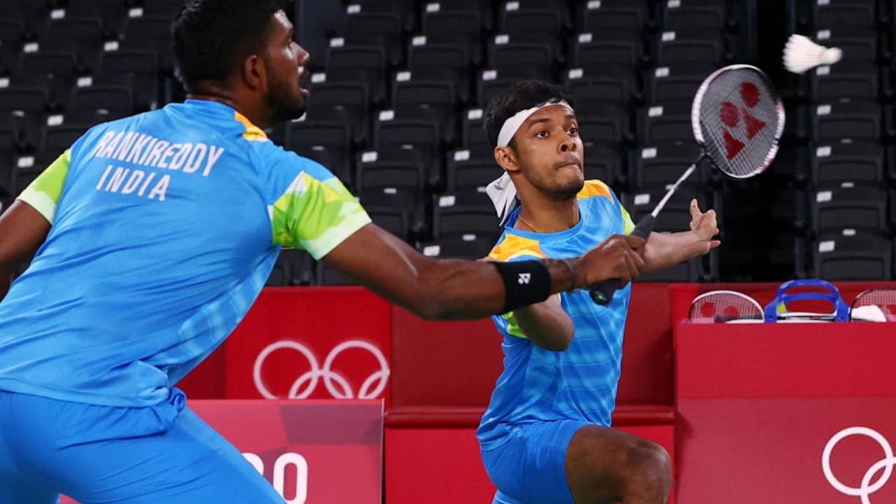  Satwiksairaj Rankireddy of India and Chirag Shetty of India in action during the match against Ben Lane of Britain and Sean Vendy of Britain. Credit: Reuters Photo