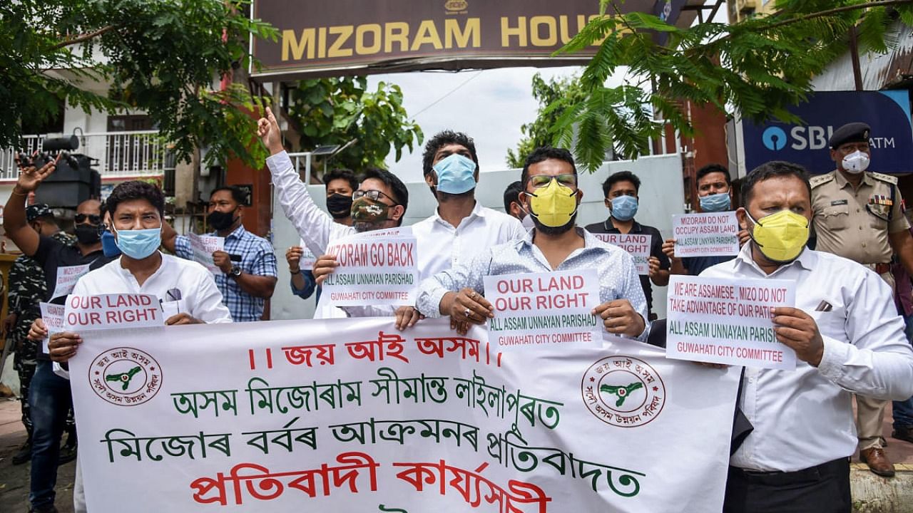Activists of Sadou Assaom Unayan Parishad (SAUP) stage protest against the killing of 6 Assam Police personnel in Monday's Assam-Mizoram border clashes, at Lailapur in Cachar district of Assam, Tuesday, July 27, 2021. Credit: PTI Photo