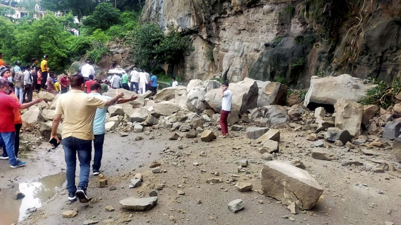 A view of the blocked Pathankot-Manali highway after landslides at Nurpur, Tuesday, July 27, 2021. Credit: PTI Photo