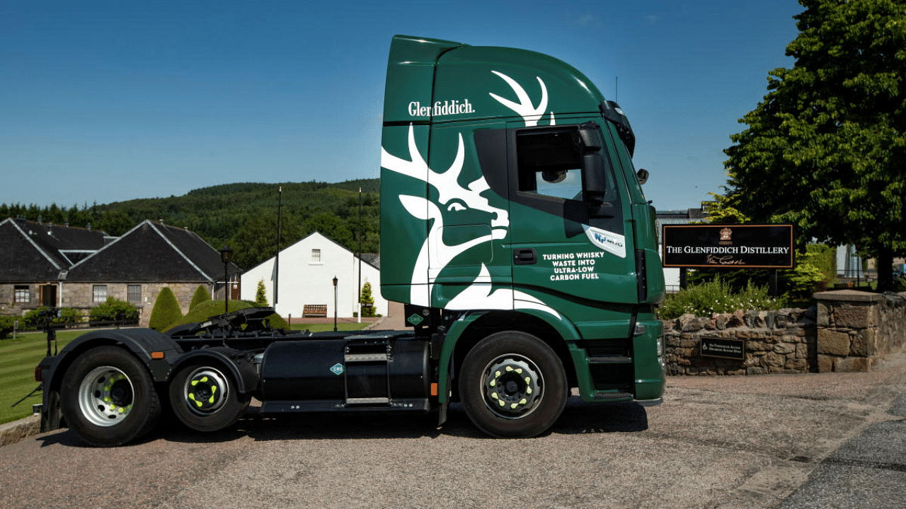 View of the Glenfiddich truck, that runs on whiskey-by-product based biogas, in Dufftown, Scotland. Credit: Reuters Photo