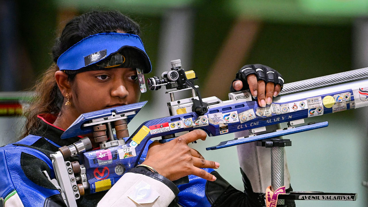Elavenil Valarivan competes in the 10m Air Rifle Mixed Team shooting event. Credit: PTI Photo