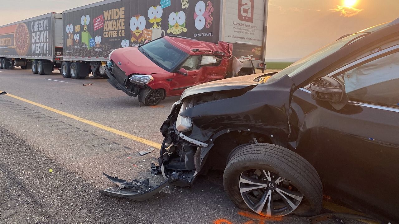 In this photo taken by the Utah Highway Patrol on July 25, 2021, cars and trucks are seen after an accident on Interstae 15 in Millard County, Utah. Credit: Handout / Utah Highway Patrol / AFP Photo
