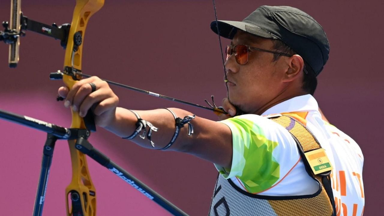 India's Tarundeep Rai competes in the men's individual eliminations during the Tokyo 2020 Olympic Games at Yumenoshima Park Archery Field in Tokyo on July 28, 2021. Credit: AFP Photo