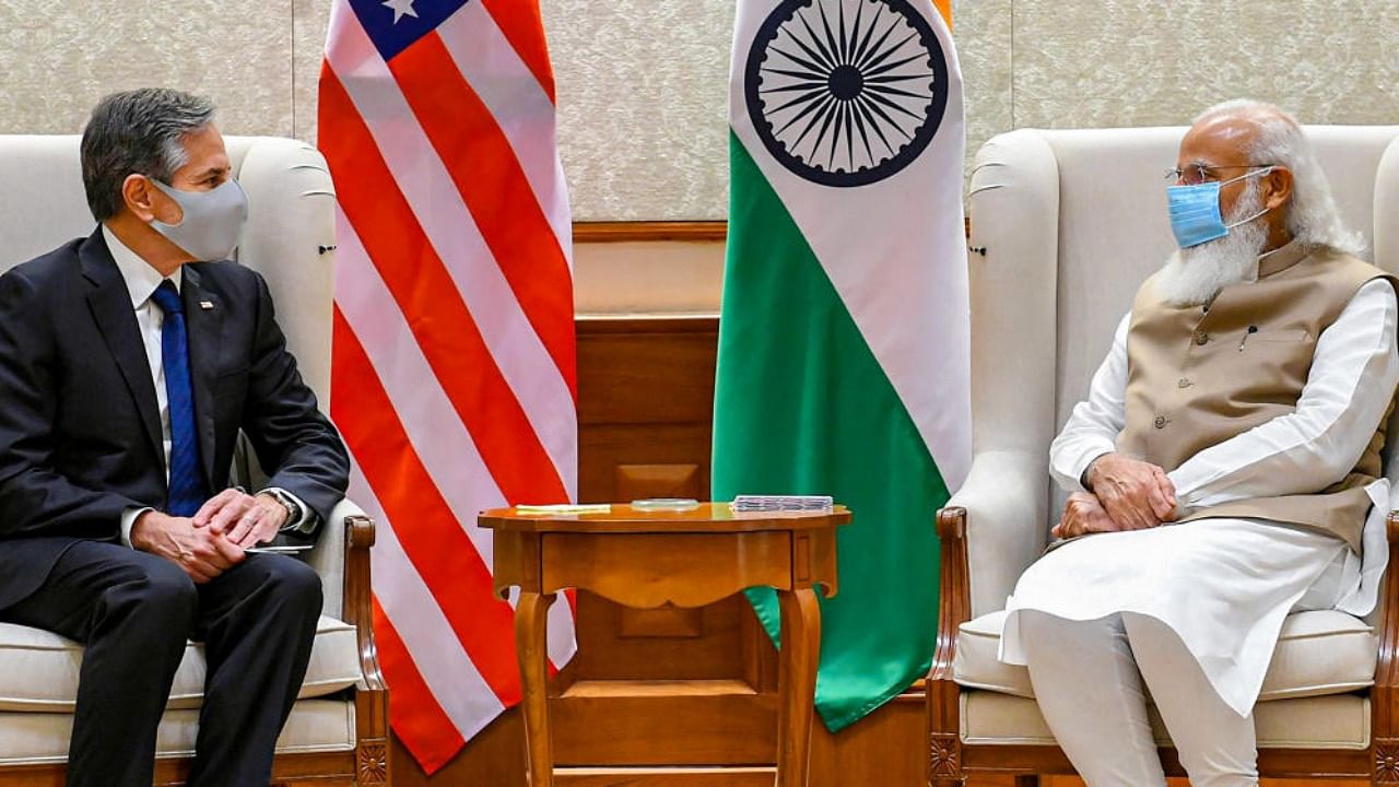 Prime Minister Narendra Modi with US Secretary of State Antony Blinken during their meeting in New Delhi. Credit: PTI Photo