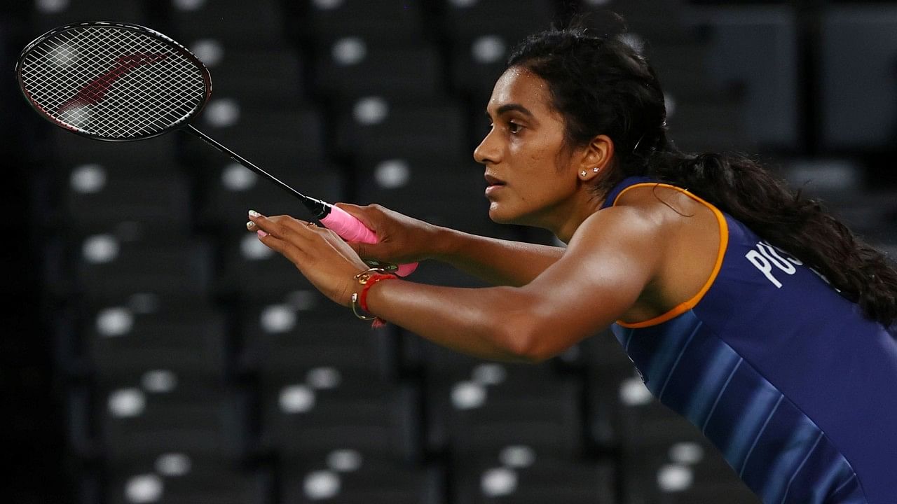 PV Sindhu of India in action during the match against Mia Blichfeldt of Denmark. Credit: Reuters Photo