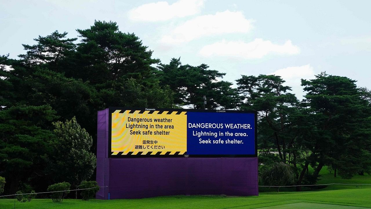 A digital sign board shows a warning of dangerous weather at the Kasumigaseki Country Club in Kawagoe. Credit: AFP Photo