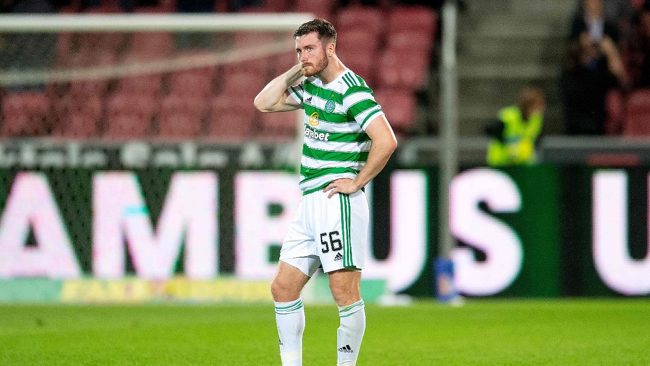 Celtic's Scottish defender Anthony Ralston reacts at the end of the UEFA Champions League second round qualifying football match between FC Midtjylland and Celtic FC at MCH Arena in Herning, Denmark. Credit: AFP Photo