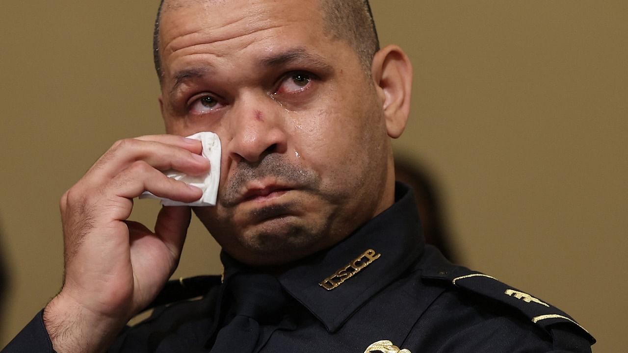 US Capitol Police officer Sgt. Aquilino Gonell reacts during the Select Committee investigation of the January 6, 2021, attack on the US Capitol, during their first hearing on Capitol Hill in Washington, DC. Credit: AFP Photo