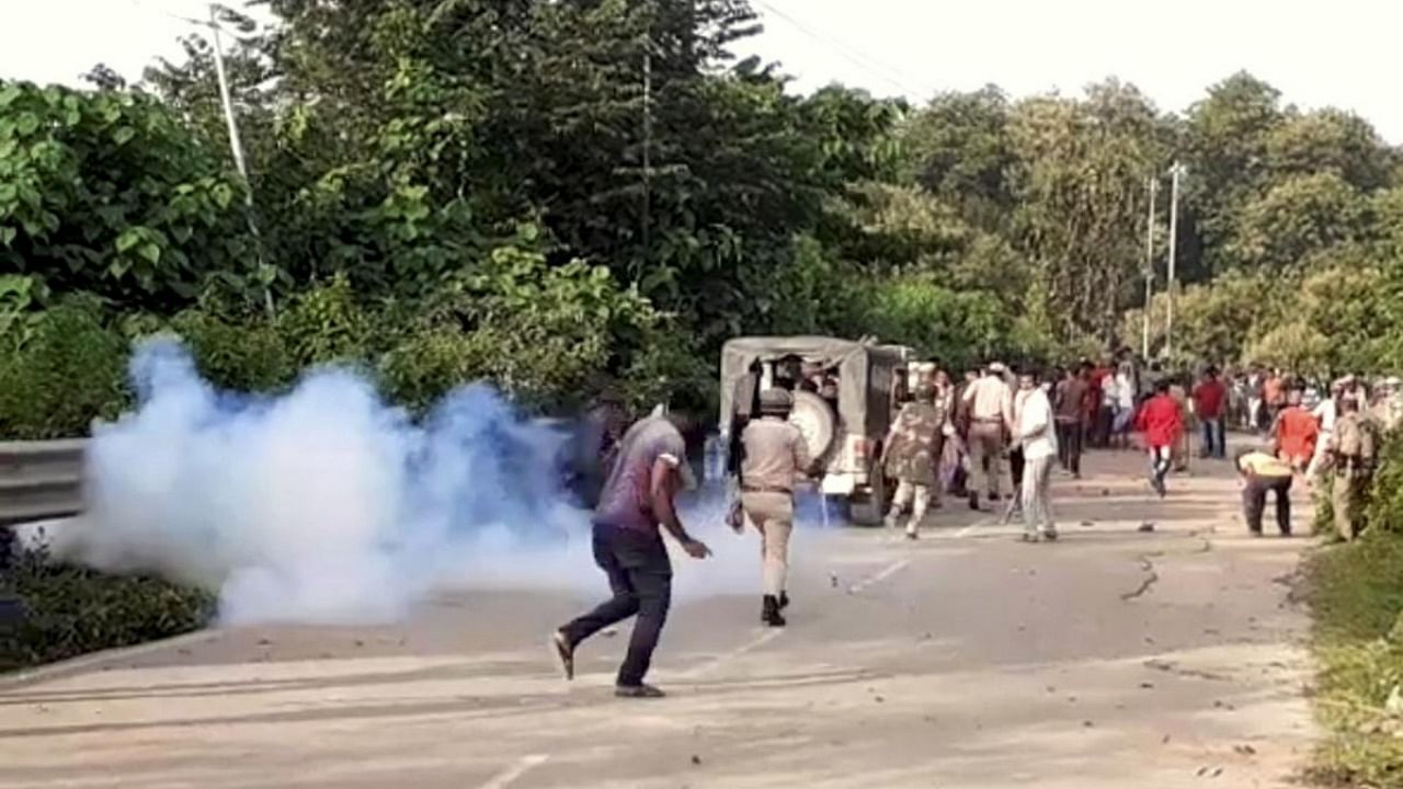 Police personnel during a clash at Assam-Mizoram border at Lailapur in Cachar district, Monday, July 26, 2021. Credit: PTI Photo