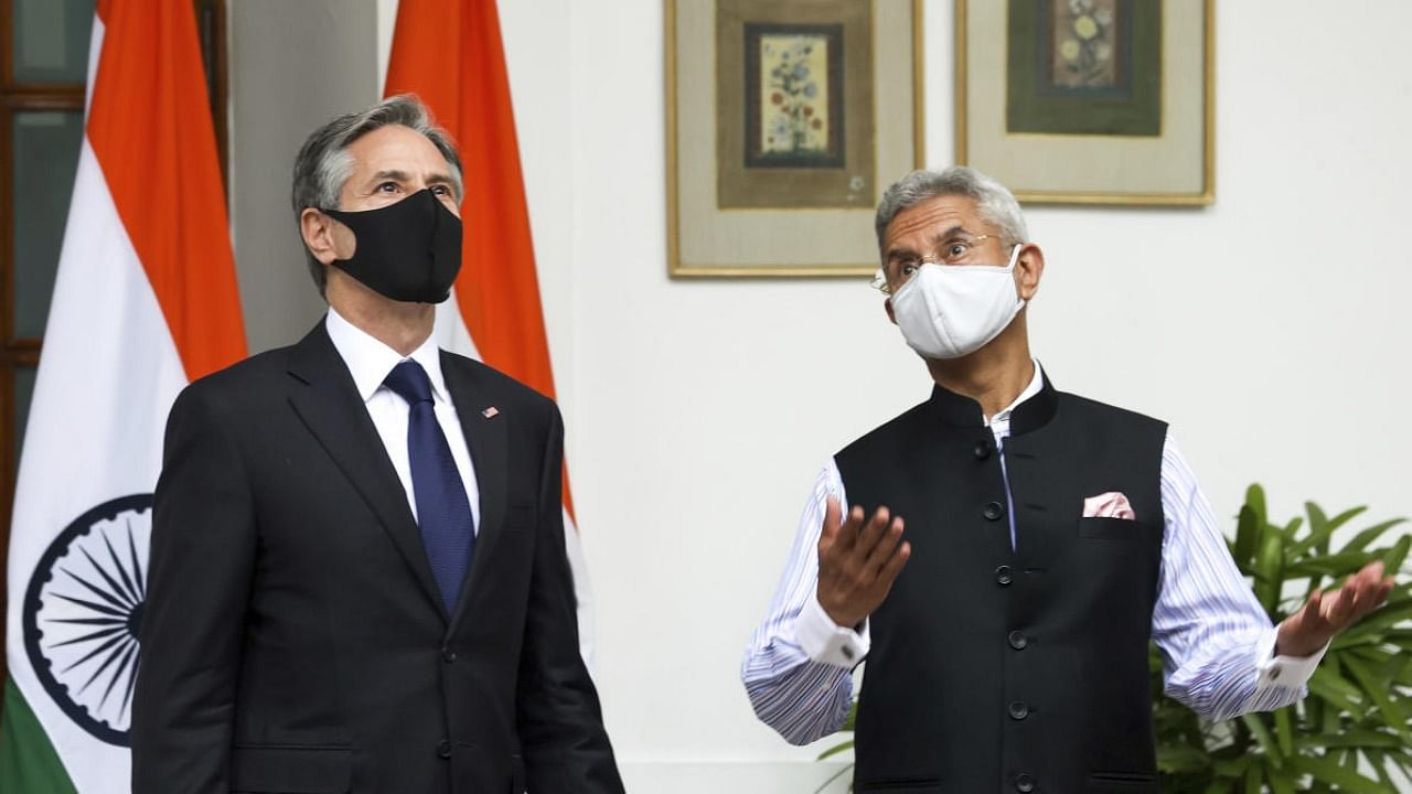 India's Foreign Minister Subrahmanyam Jaishankar, right, welcomes US Secretary of State Antony Blinken at Hyderabad House in New Delhi, India Wednesday, July 28, 2021. Credit: PTI Photo