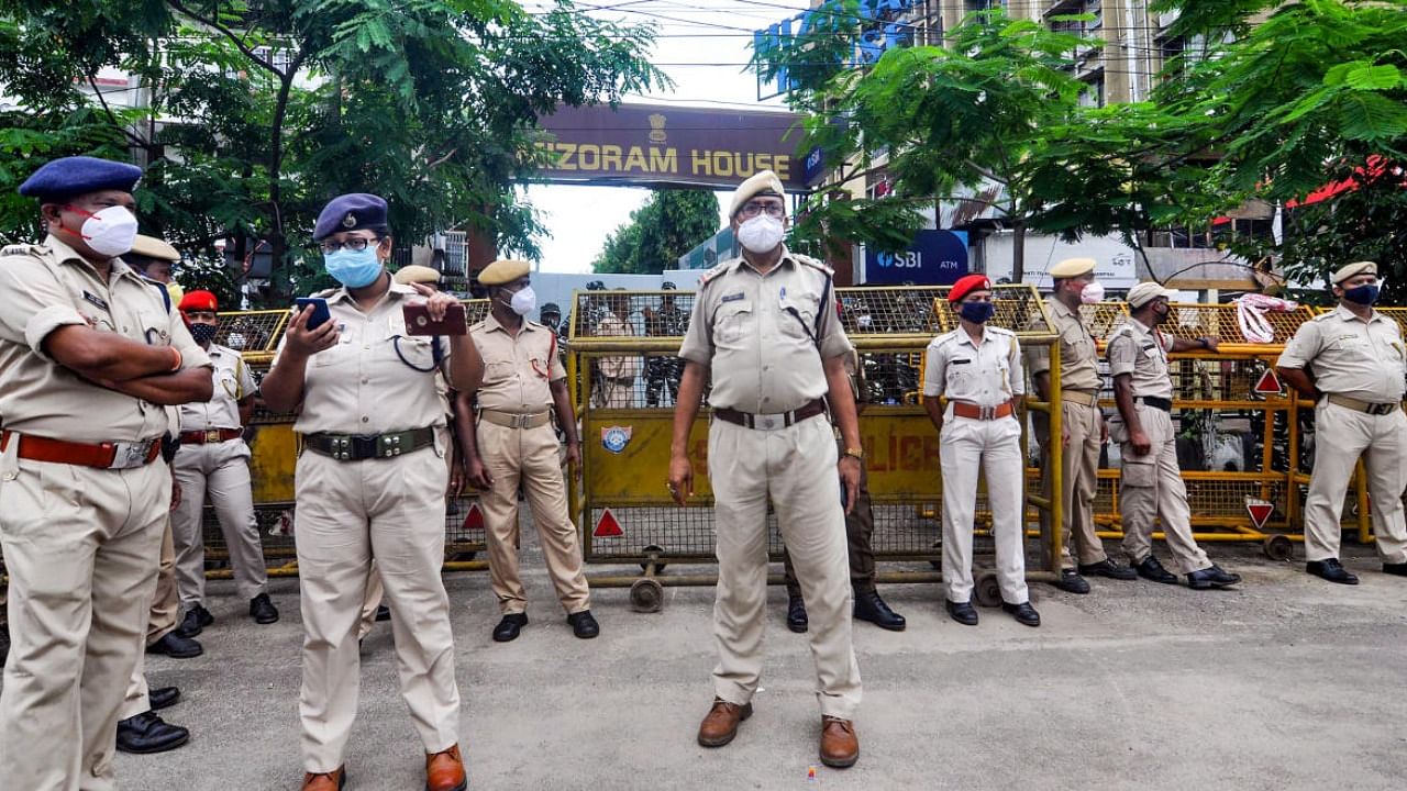 Assam security personnel stand vigil outside the Mizoram House in Guwahati, Thursday, July 29, 2021. Assam and Mizoram police personnel clashed at the border killing at least 7 and injuring many more. Credit: PTI Photo
