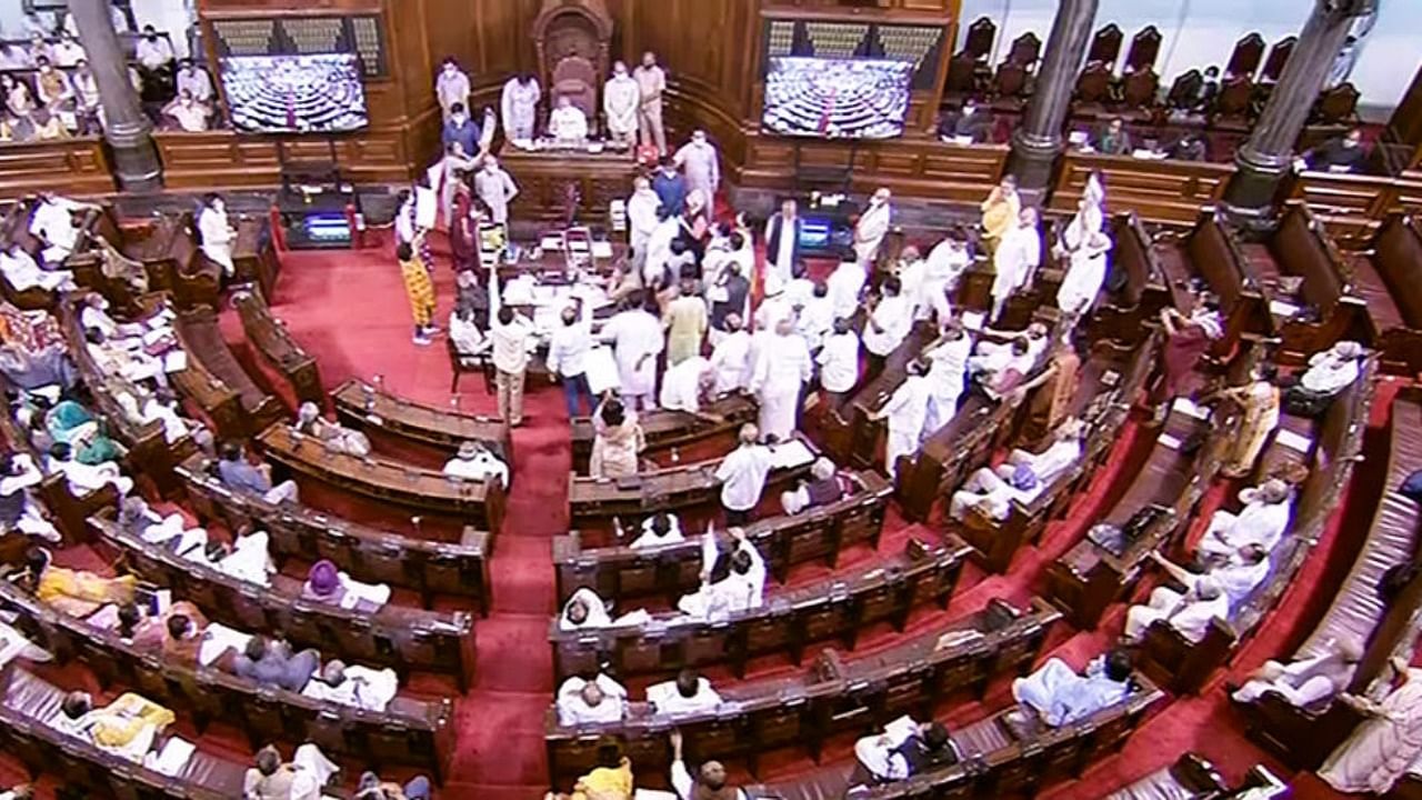 A view of the Rajya Sabha during the Monsoon Session of Parliament, in New Delhi, Thursday, July 29, 2021. Credit: RSTV/PTI Photo