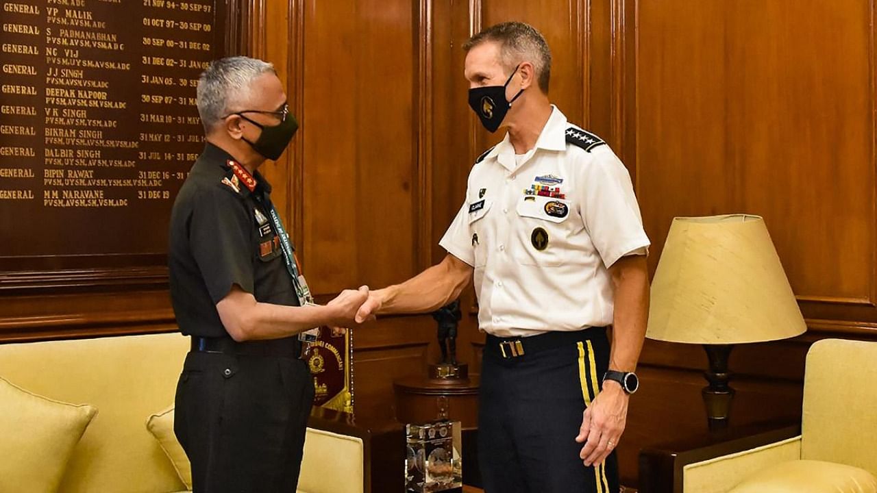 Chief of Army Staff of the Indian Army, General M M Naravane with Commander of United States Special Operations Command, General Richard D. Clarke during their meeting in New Delhi. Credit: Twitter/@adgpi via PTI