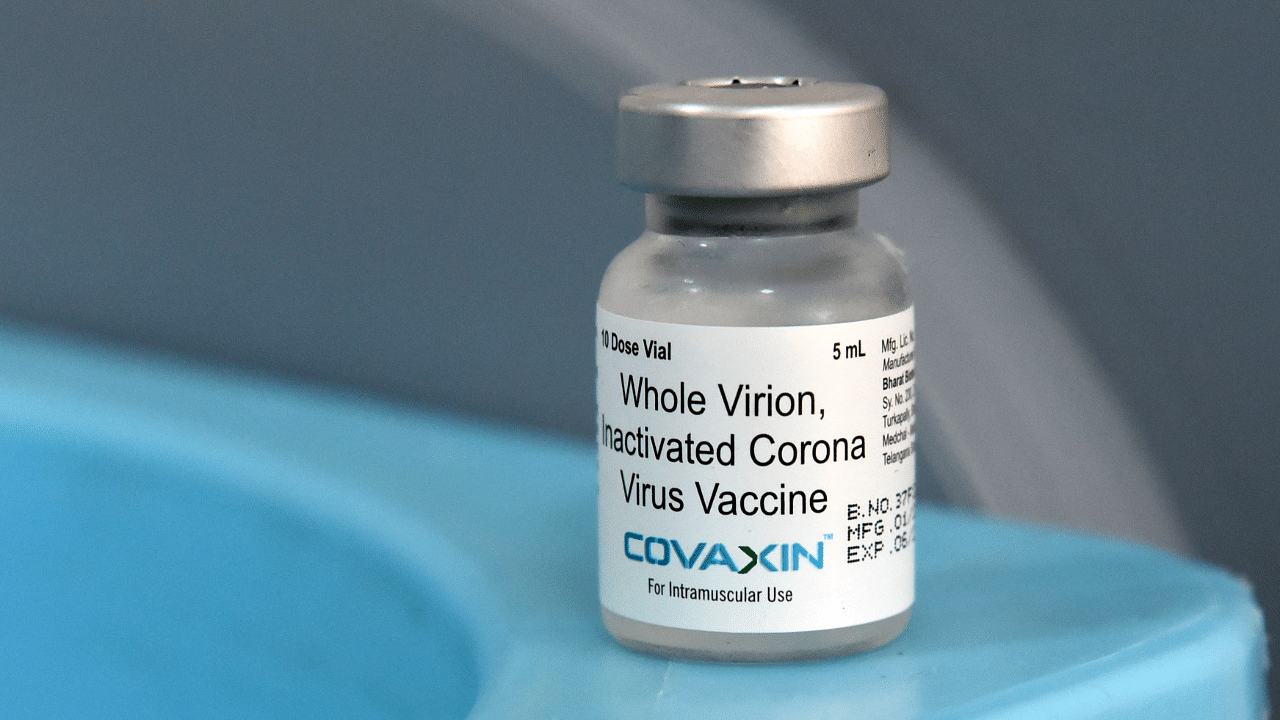 A vial of Bharat Biotech's Covaxin vaccine. Credit: AFP Photo