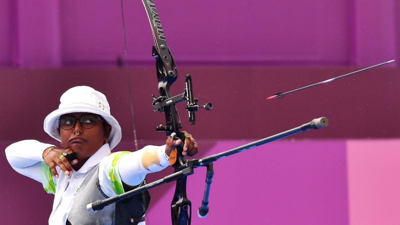 Deepika Kumari of India in action at the Yumenoshima Archery Field. Credit: Reuters photo