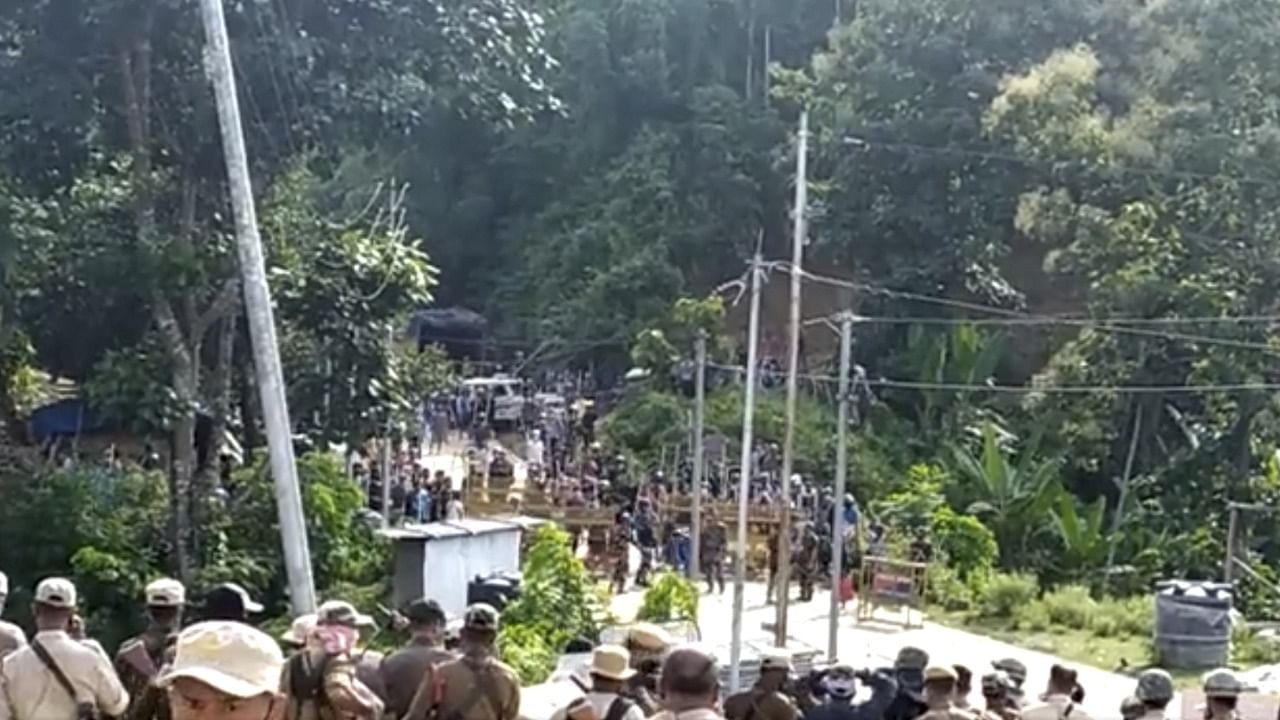 Police personnel during a clash at Assam-Mizoram border at Lailapur in Cachar district on Monday. Credit: PTI File Photo