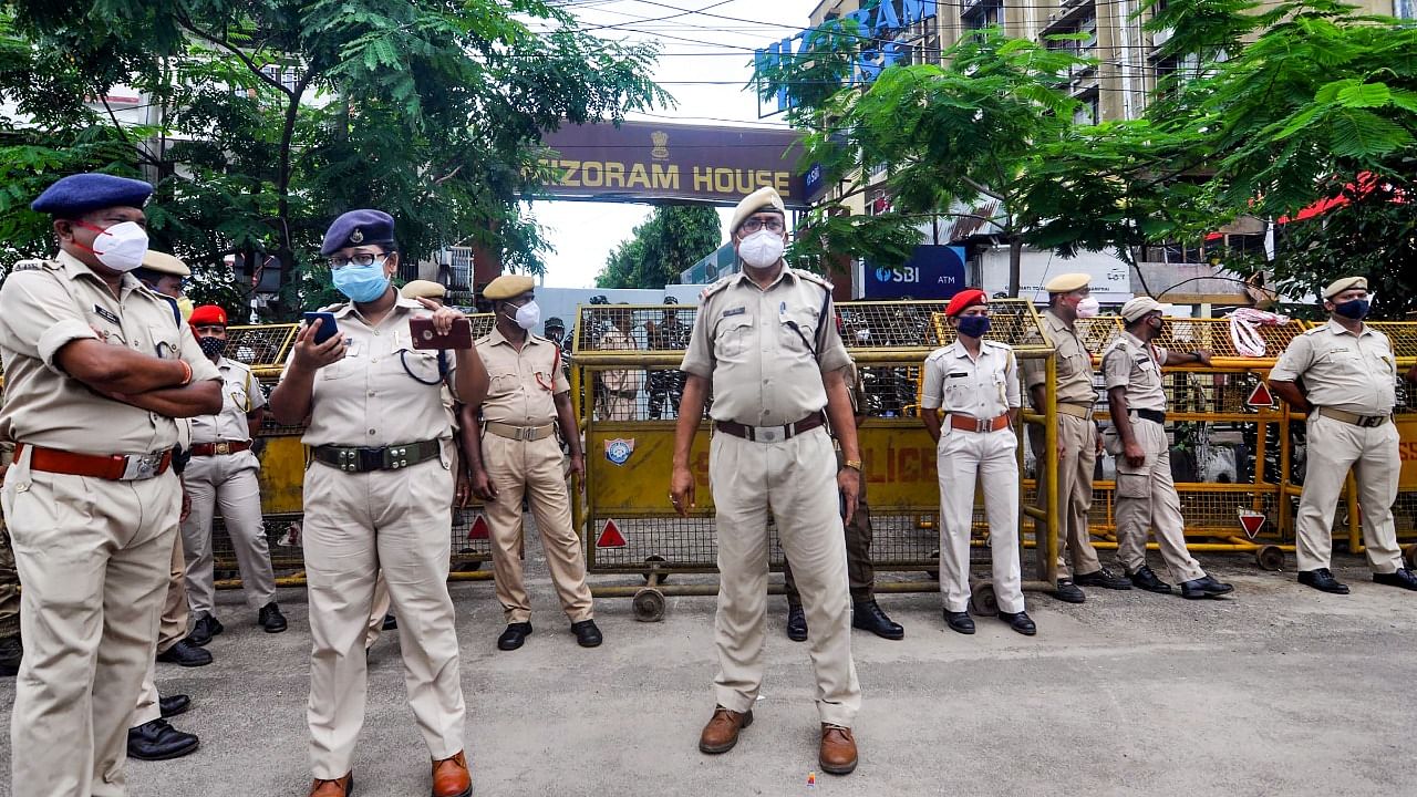 Assam security personnel stand vigil outside the Mizoram House, after Monday's inter-state border clash, in Guwahati. Credit: PTI File Photo