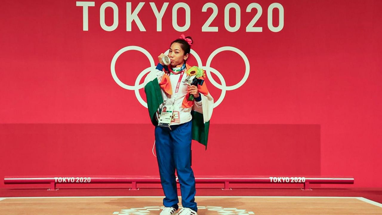Weightlifter Mirabai Chanu after winning silver medal at the Tokyo Olympics. Credit: PTI Photo