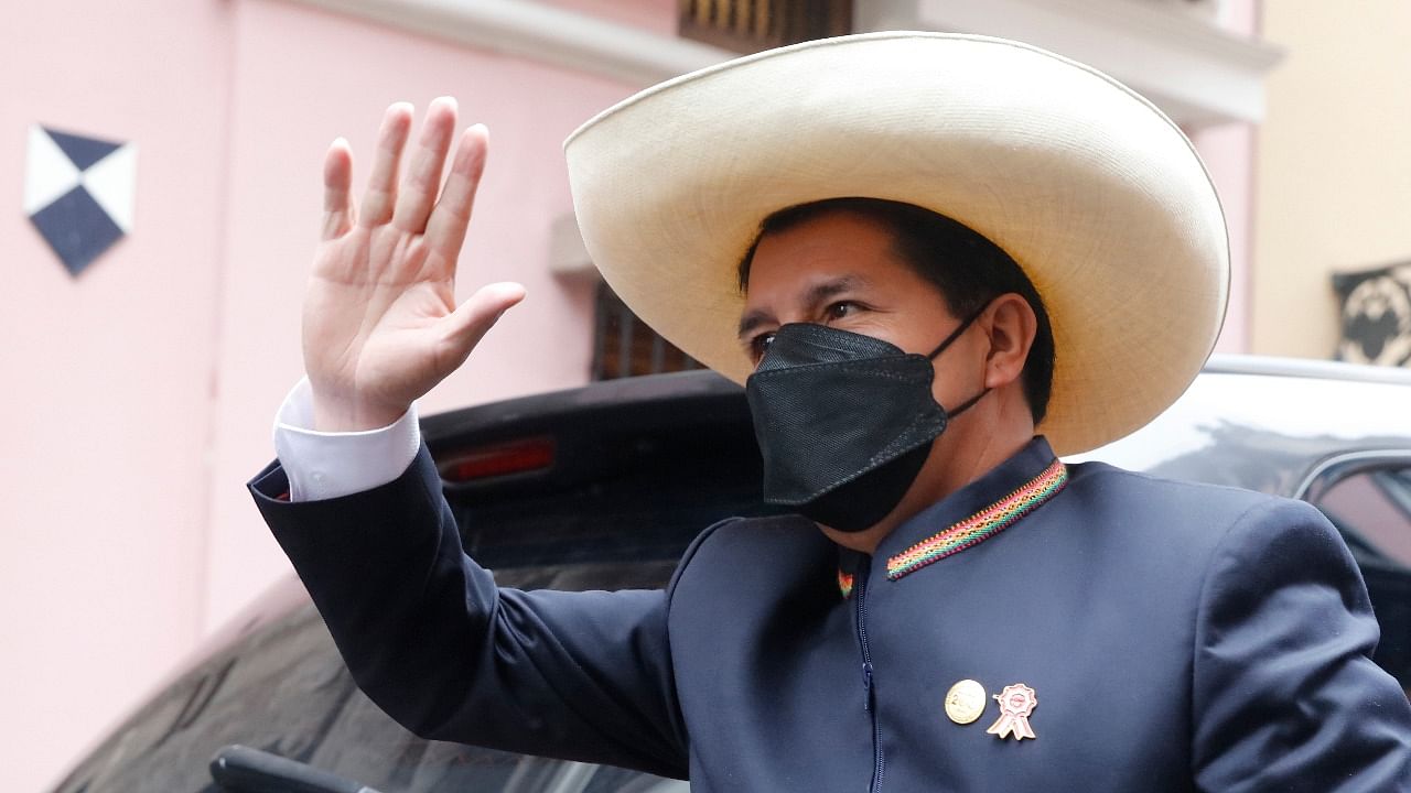 President-elect Pedro Castillo arrives to the Foreign Ministry before going to Congress for his swearing-in ceremony on his Inauguration Day in Lima. Peru. Credit: AP/PTI photo