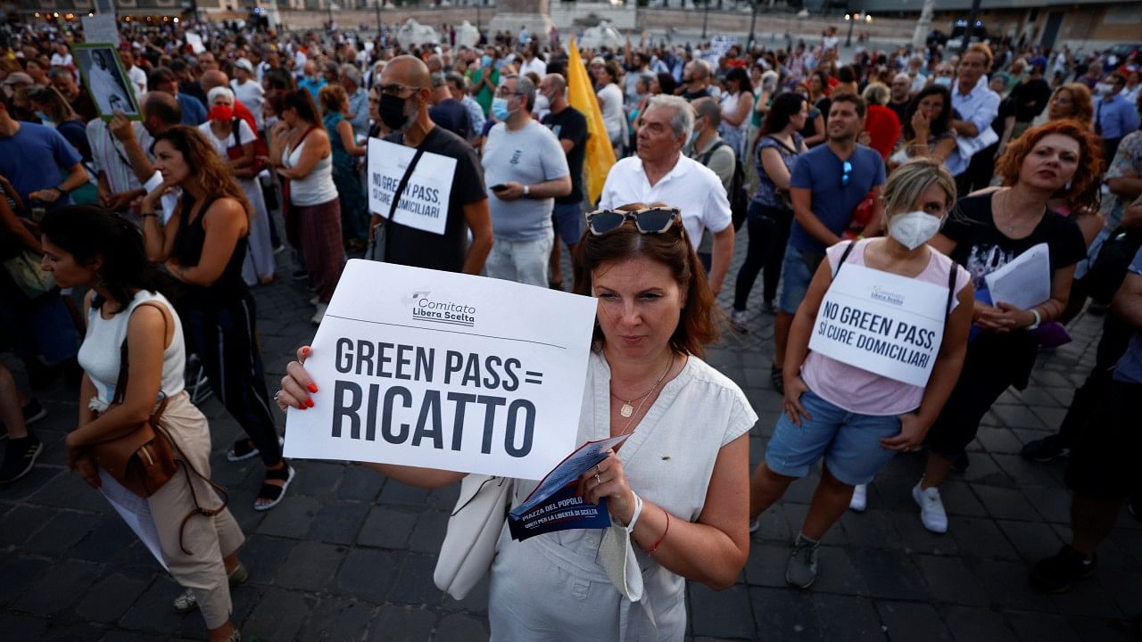 Protesters demonstrate against the Green Pass plan (health pass). Credit: Reuters Photo