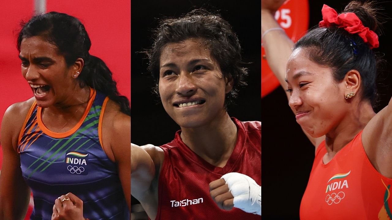 P V Sindhu, Lovlina Borgohain and Mirabai Chanu have all either won a medal or are in contention for a medal this Olympics. Credit: Reuters, AFP Photos