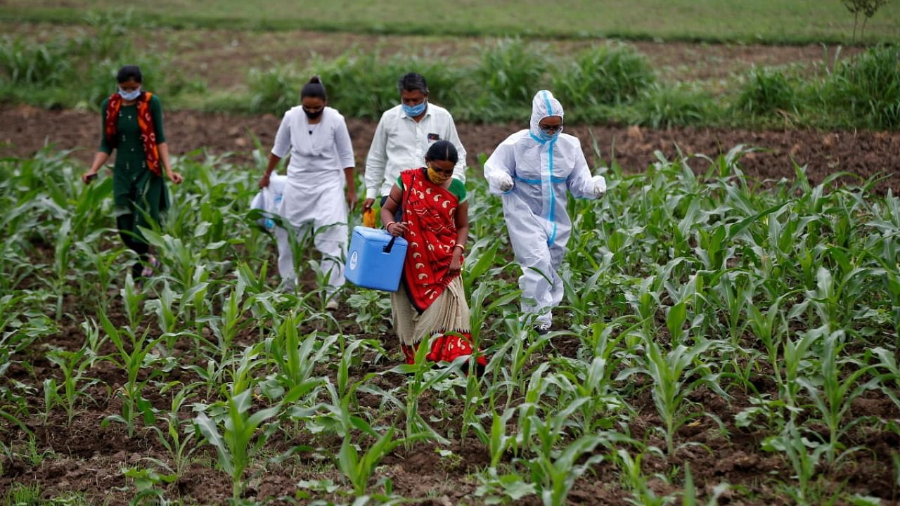 Healthcare workers carry a box containing Covishield vaccine against coronavirus disease (Covid-19), manufactured by Serum Institute of India, as they walk through a field to vaccinate villagers during a door-to-door vaccination drive in Banaskantha. Credit: PTI Photo