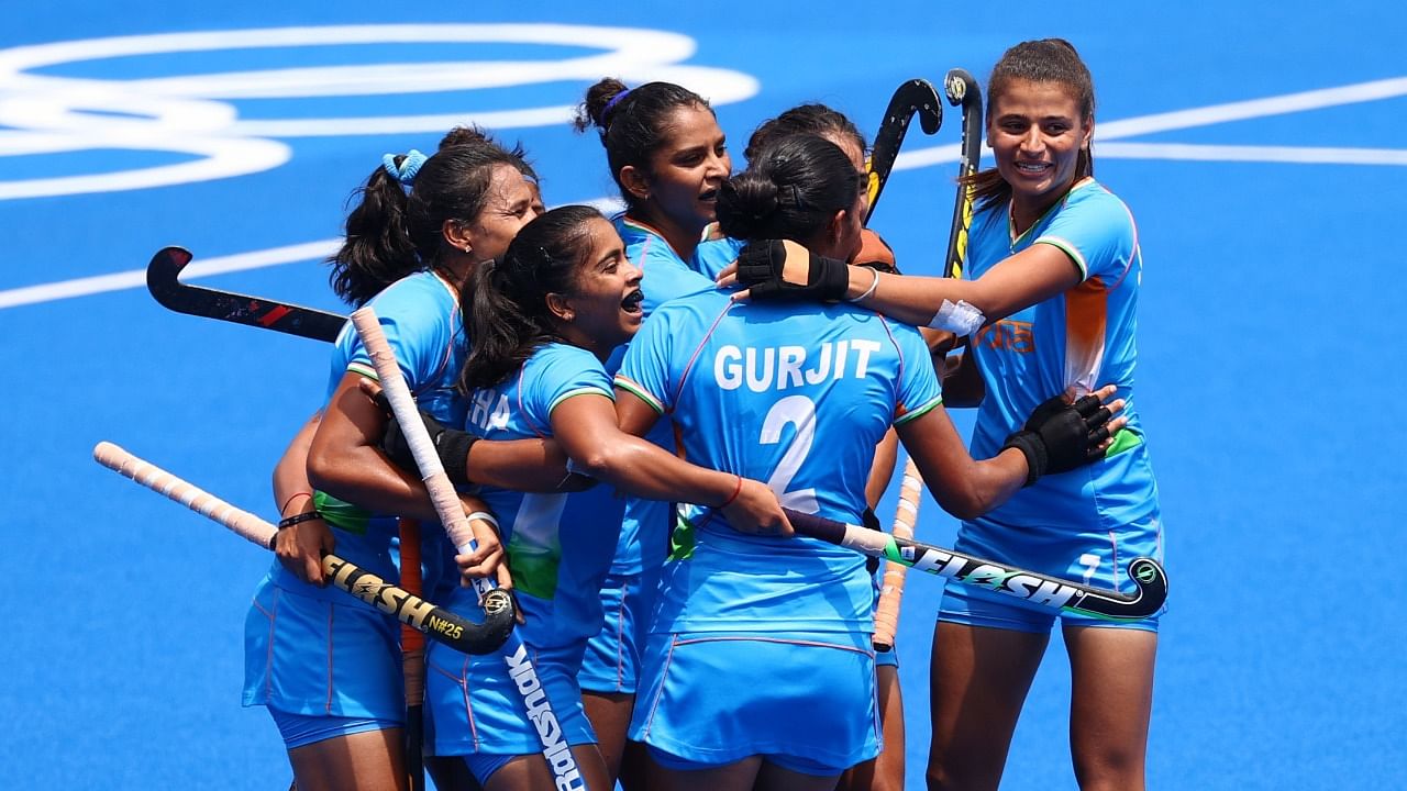 Gurjit Kaur celebrates with her teammates after scoring the winning goal against Australia. Credit: Reuters Photo