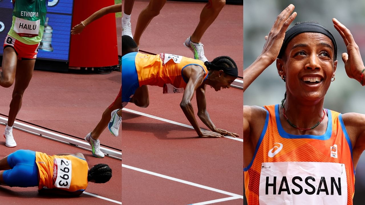 Dutch runner Sifan Hissan fell, got up and won the 1500m heats at the Tokyo Olympics. Credit: Reuters Photos