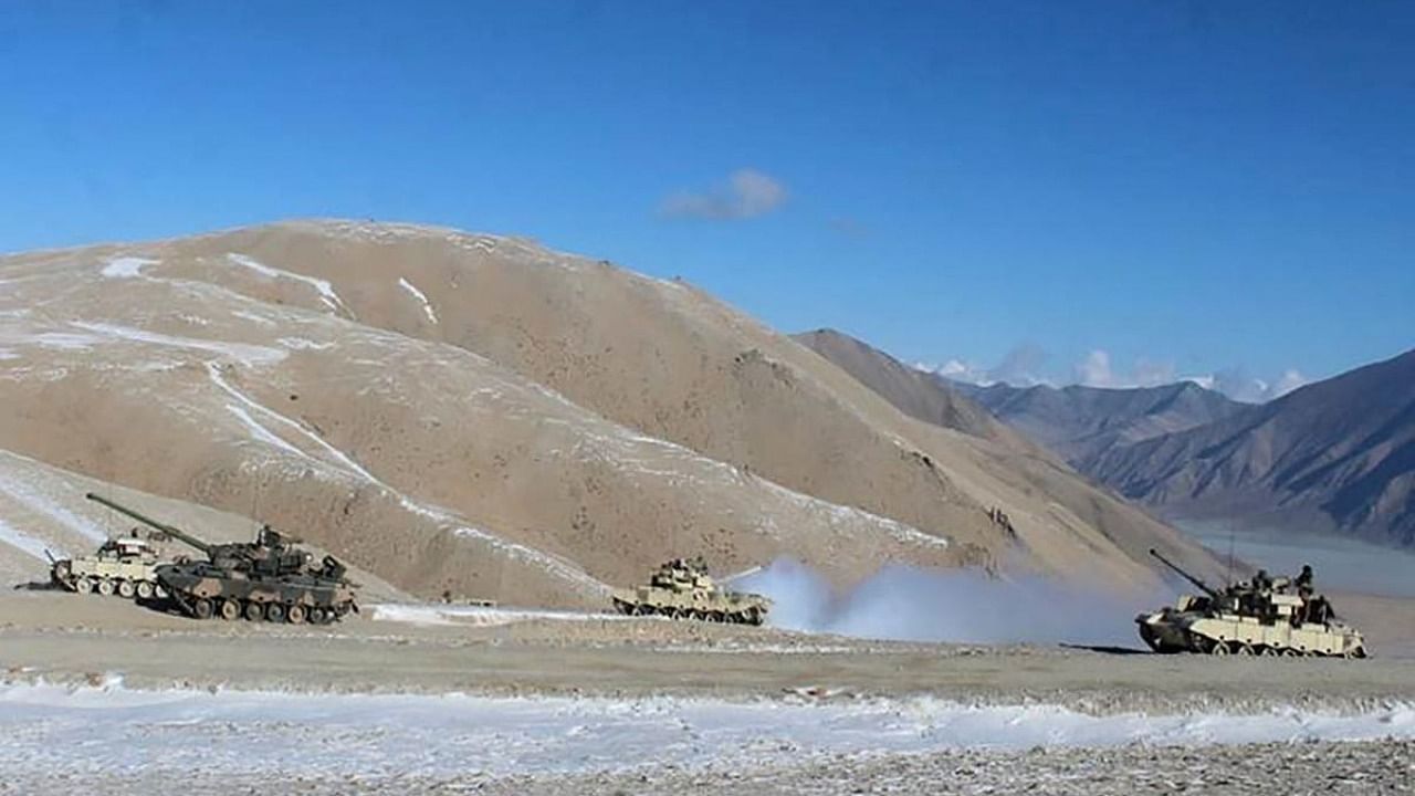 People Liberation Army (PLA) soldiers and tanks during military disengagement along the Line of Actual Control (LAC) at the India-China border in Ladakh. Credit: AFP Photo
