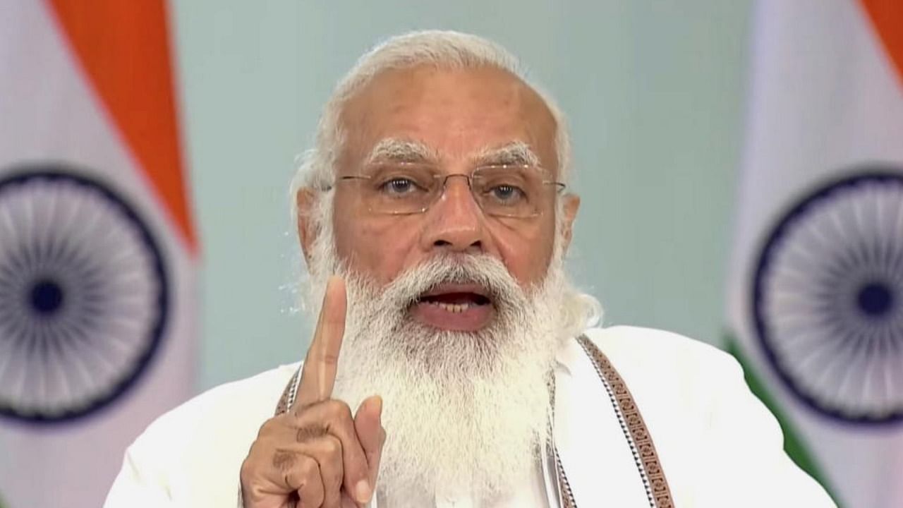  Prime Minister Narendra Modi at the launch of e-RUPI digital payment solution via video conference, in New Delhi, Monday, August 2, 2021. Credit: PTI Photo