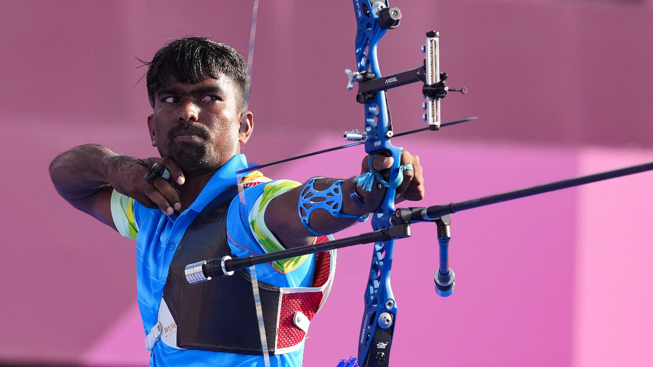 Pravin Jadhav competes in the men's 1/16 Eliminations round of the archery event, at the Summer Olympics 2020, in Tokyo. Credit: PTI Photo