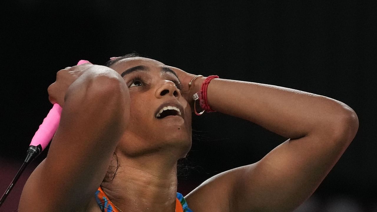 Sindhu reacts after winning her bronze medal match. Credit: PTI Photo