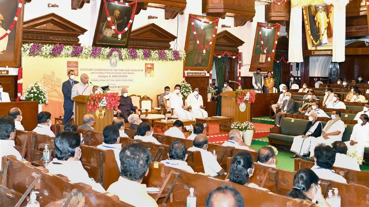 President Ram Nath Kovind addresses the commemoration of the 100th year of the Madras Legislative Council in Chennai. Credit: PTI Photo