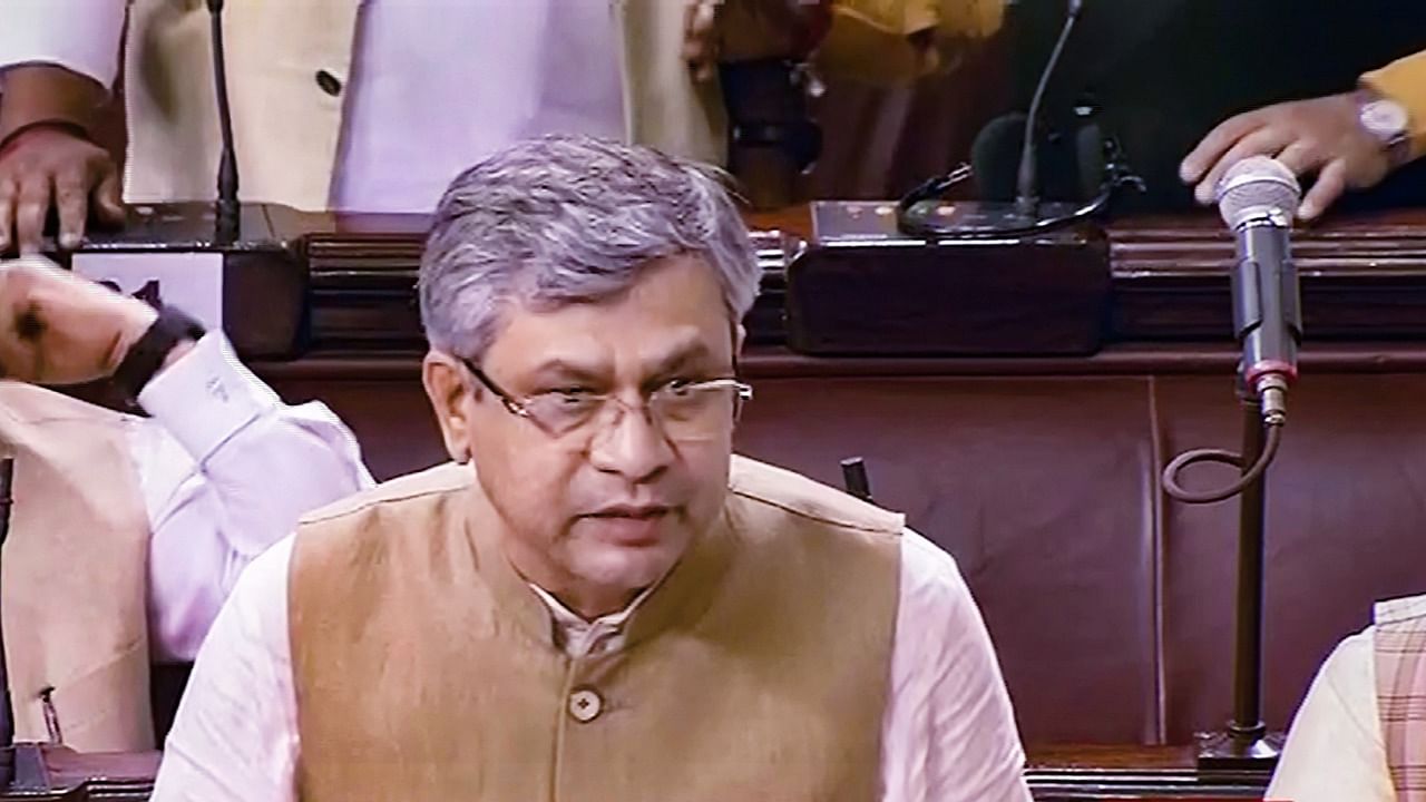 Railway Minister Ashwini Vaishnaw speaks in Rajya Sabha during the Monsoon Session of Parliament. Credit: PTI Photo