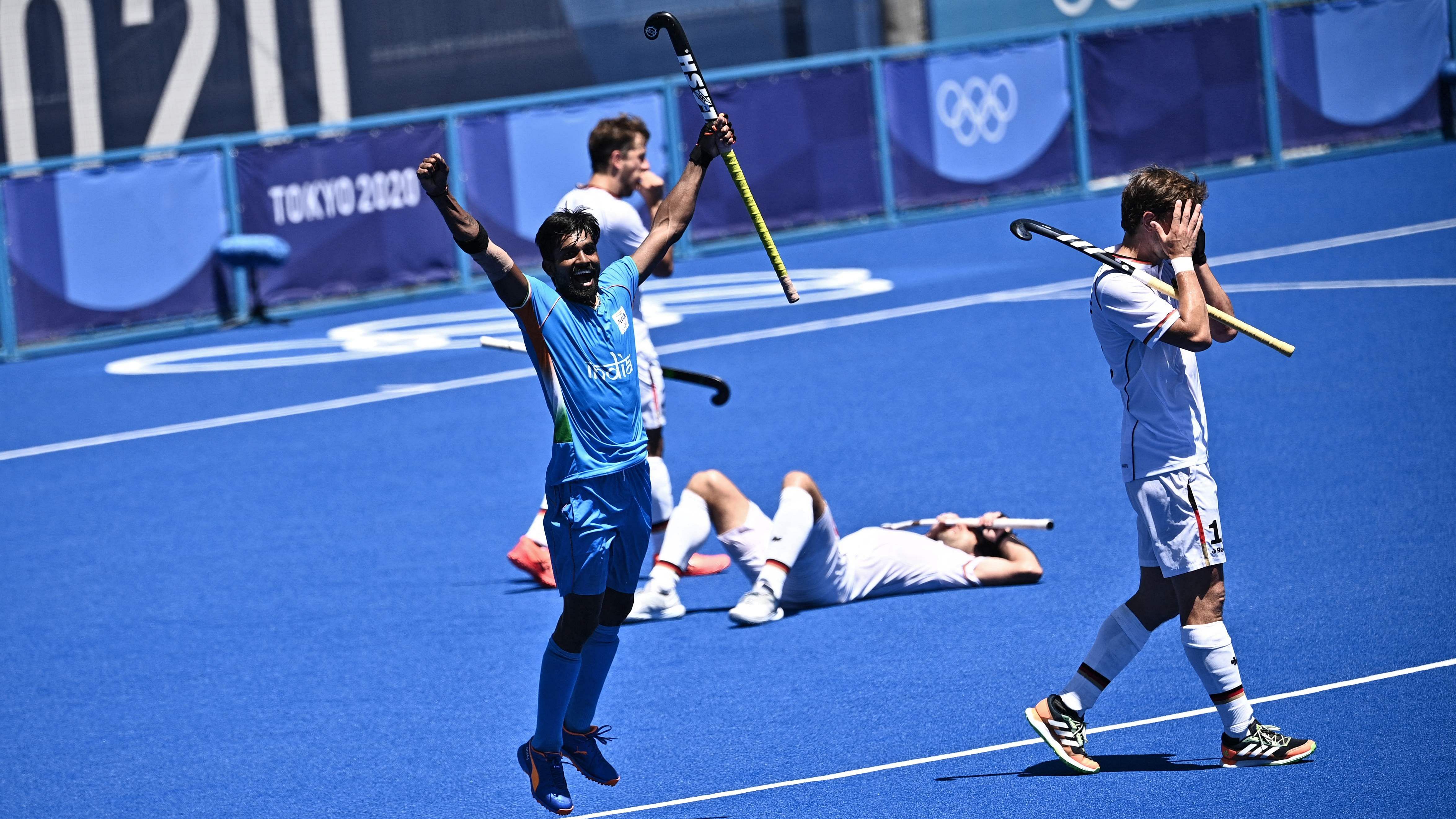 India's Sumit celebrates after winning the men's bronze medal match of the Tokyo 2020 Olympic Games field hockey competition by defeating Germany 5-4. Credit: AFP File Photo