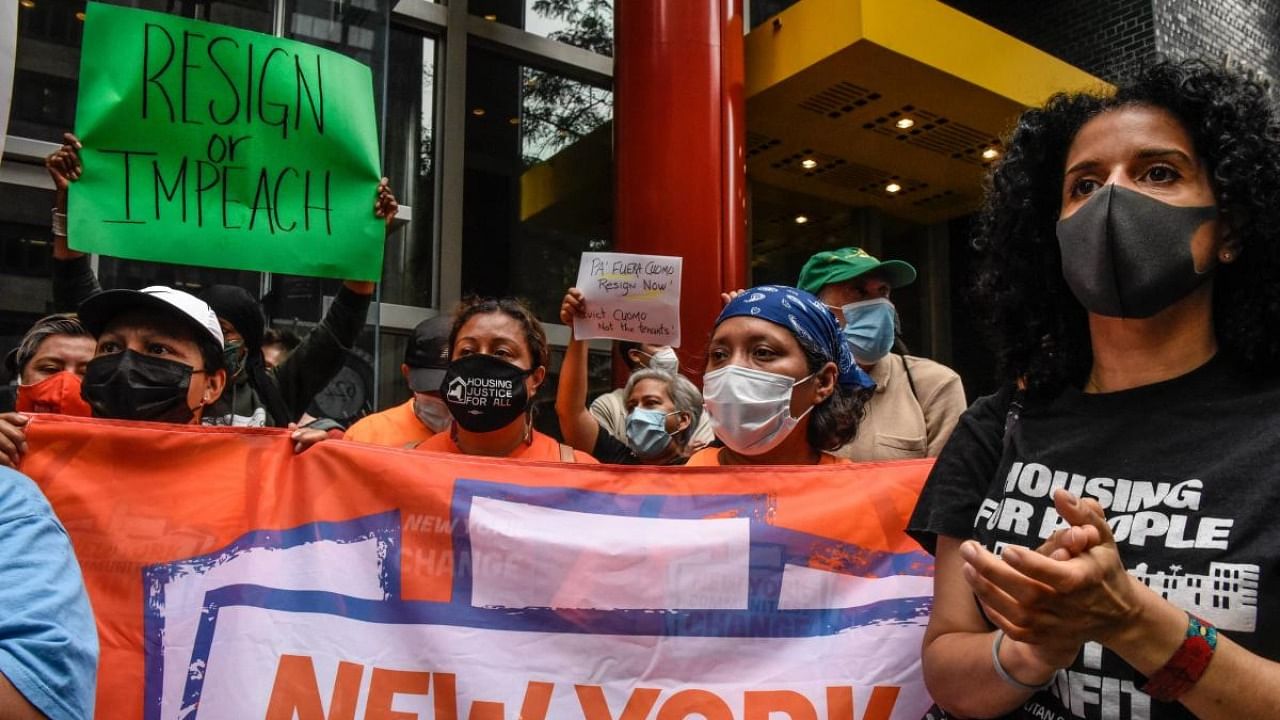 People participate in a protest against NY Governor Andrew Cuomo and protest for a moratorium on evictions on August 4, 2021 in New York City. Credit: AFP Photo