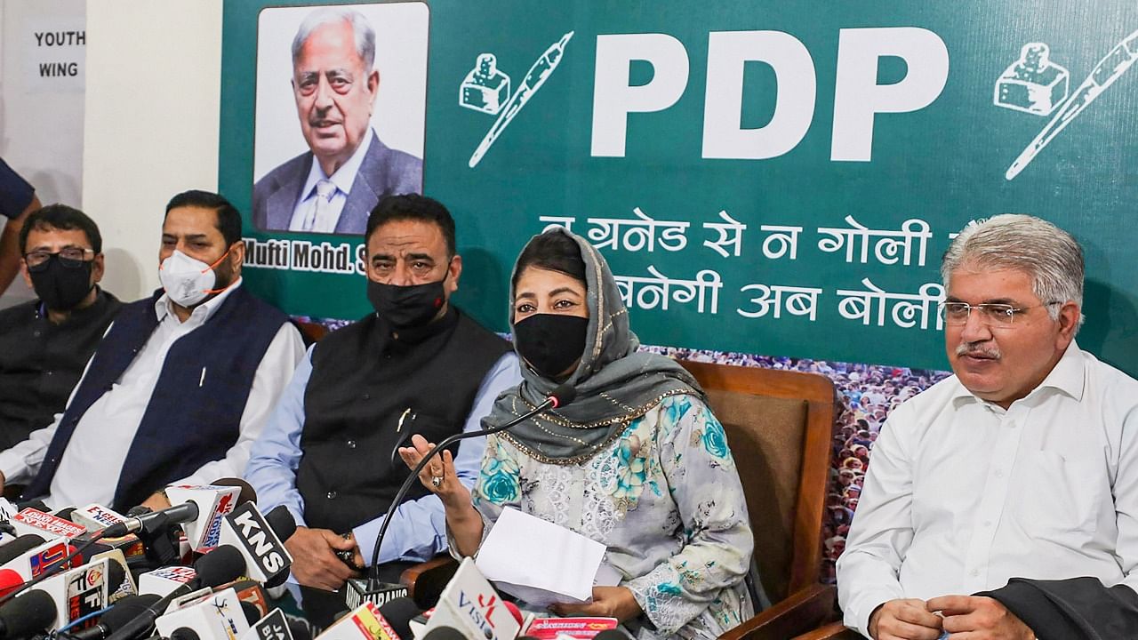 Former Chief Minister and PDP Party President Mehbooba Mufti addresses the media at party office in Jammu, Monday, July 12, 2021. Credit: PTI Photo