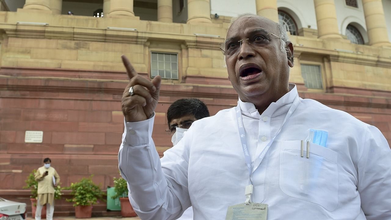 Leader of Opposition (LoP) Rajya Sabha Mallikarjun Kharge during the Monsoon Session of Parliament, in New Delhi. Credit: PTI Photo