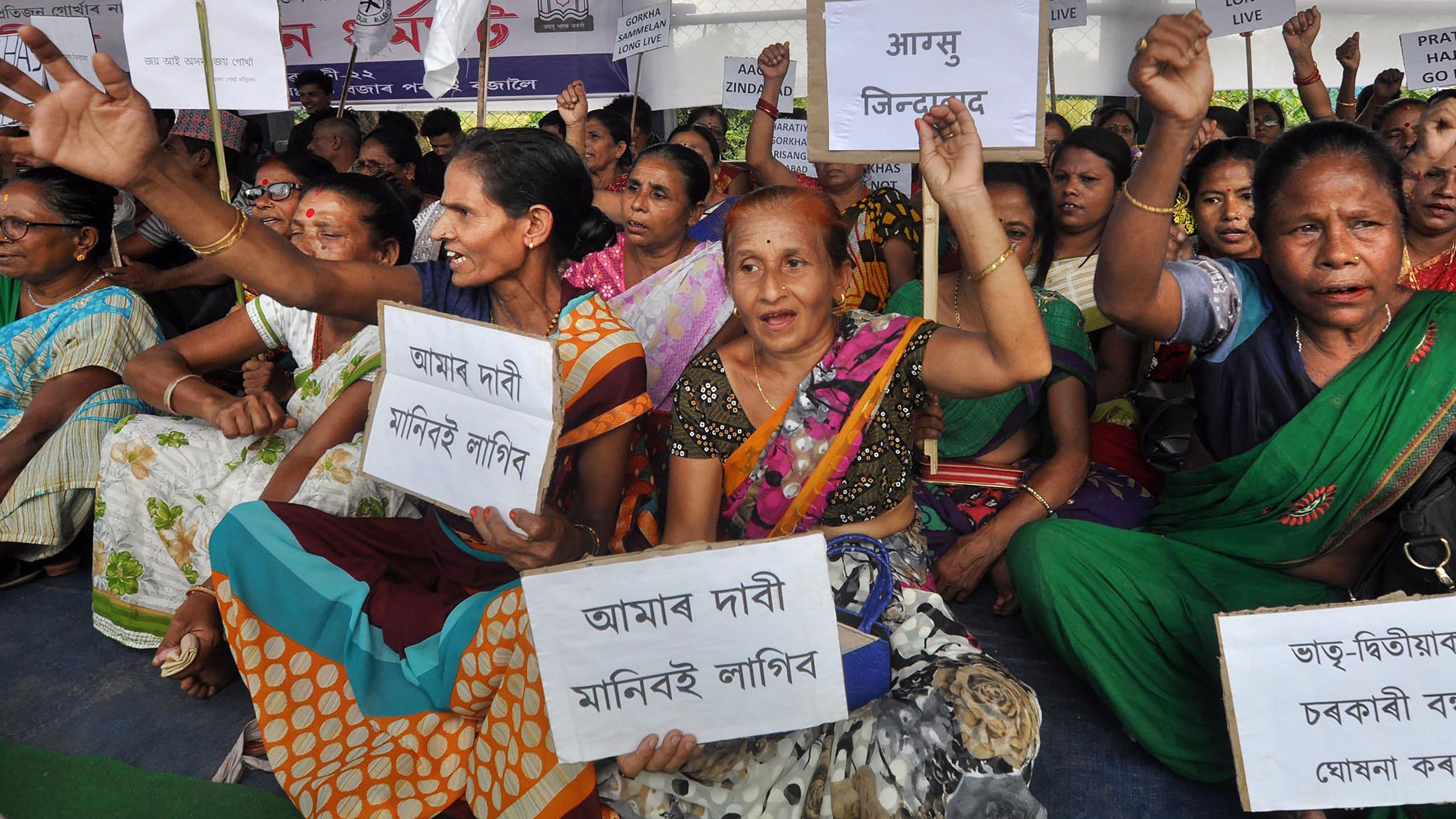  All Assam Gorkha Student Union activists stage a protest against the exclusion of their names from the National Register of Citizens (NRC) final list, in Guwahati in 2019. Credit: PTI File Photo