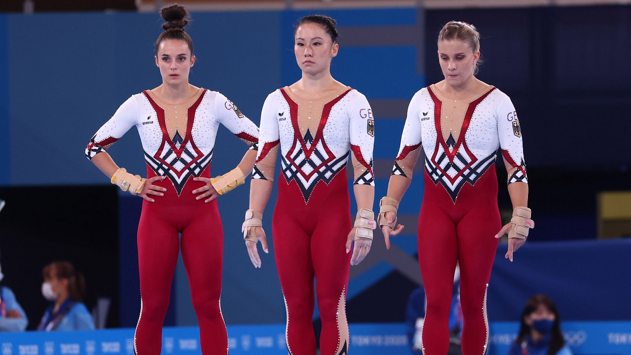 Kim Bui of Germany, Pauline Schaefer of Germany and Elisabeth Seitz of Germany are seen in their unitards. Credit: Reuters Photo