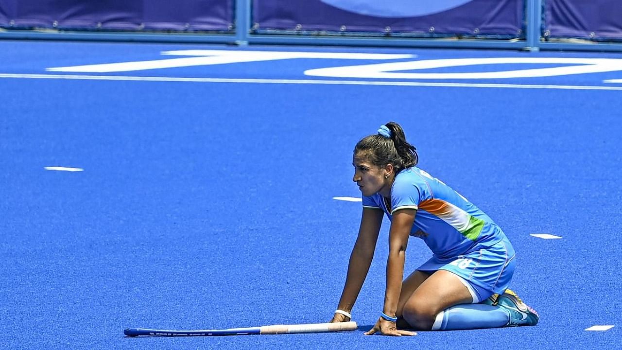  India's captain Rani Rampal (L) reacts after losing their women's field hockey bronze medal match against Great Britain, at the 2020 Summer Olympics, in Tokyo, Friday, Aug. 6, 2021. India lost the match 3-4. Credit: PTI Photo