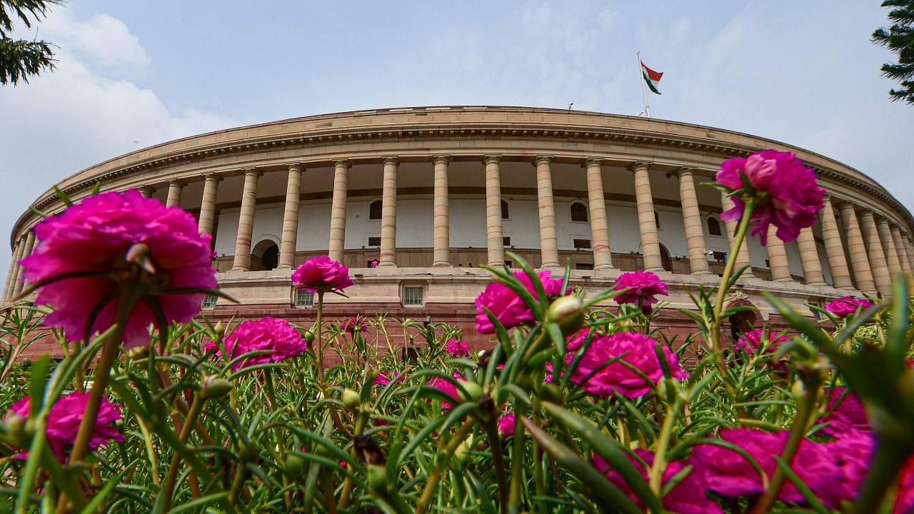  A view of Parliament building during ongoing Monsoon Session. Credit: PTI Photo