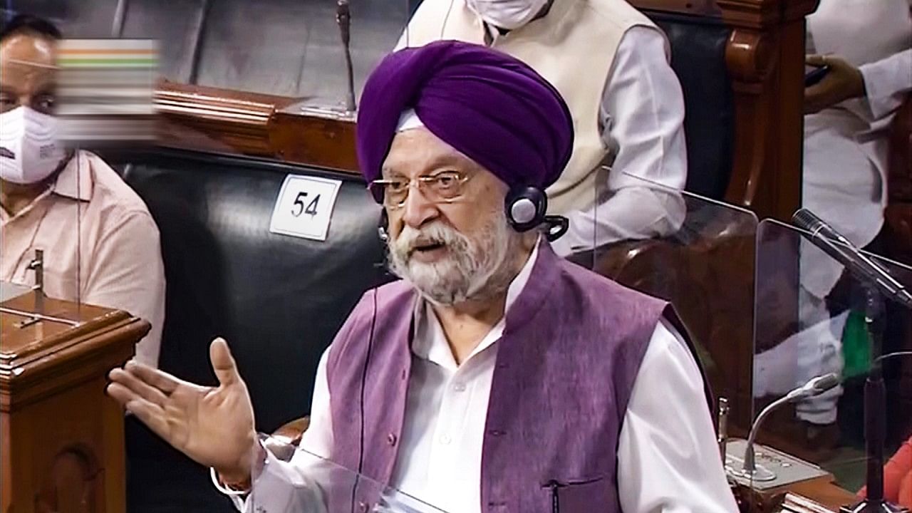  Union Minister Hardeep Singh Puri in the Lok Sabha during the Monsoon Session of Parliament. Credit: PTI Photo