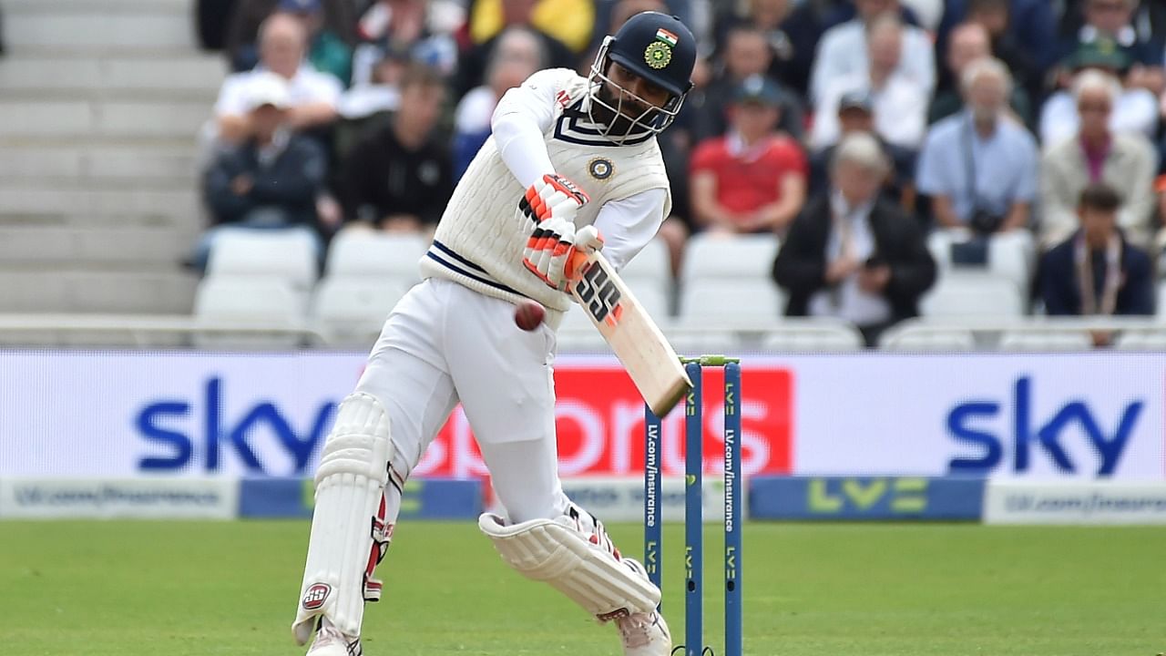 Ravindra Jadeja plays a shot during the third day of first test cricket match between England and India, at Trent Bridge in Nottingham, England. Credit: AP/PTI Photo