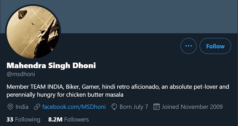 A screenshot of M S Dhoni's Twitter account.