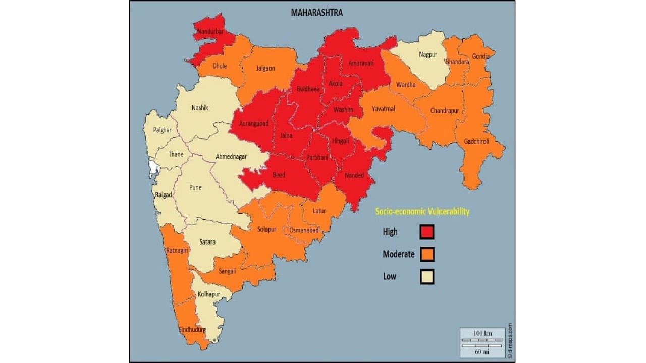 A map highlighting the district-wise socioeconomic vulnerability in Maharashtra. Credit: Special Arrangment