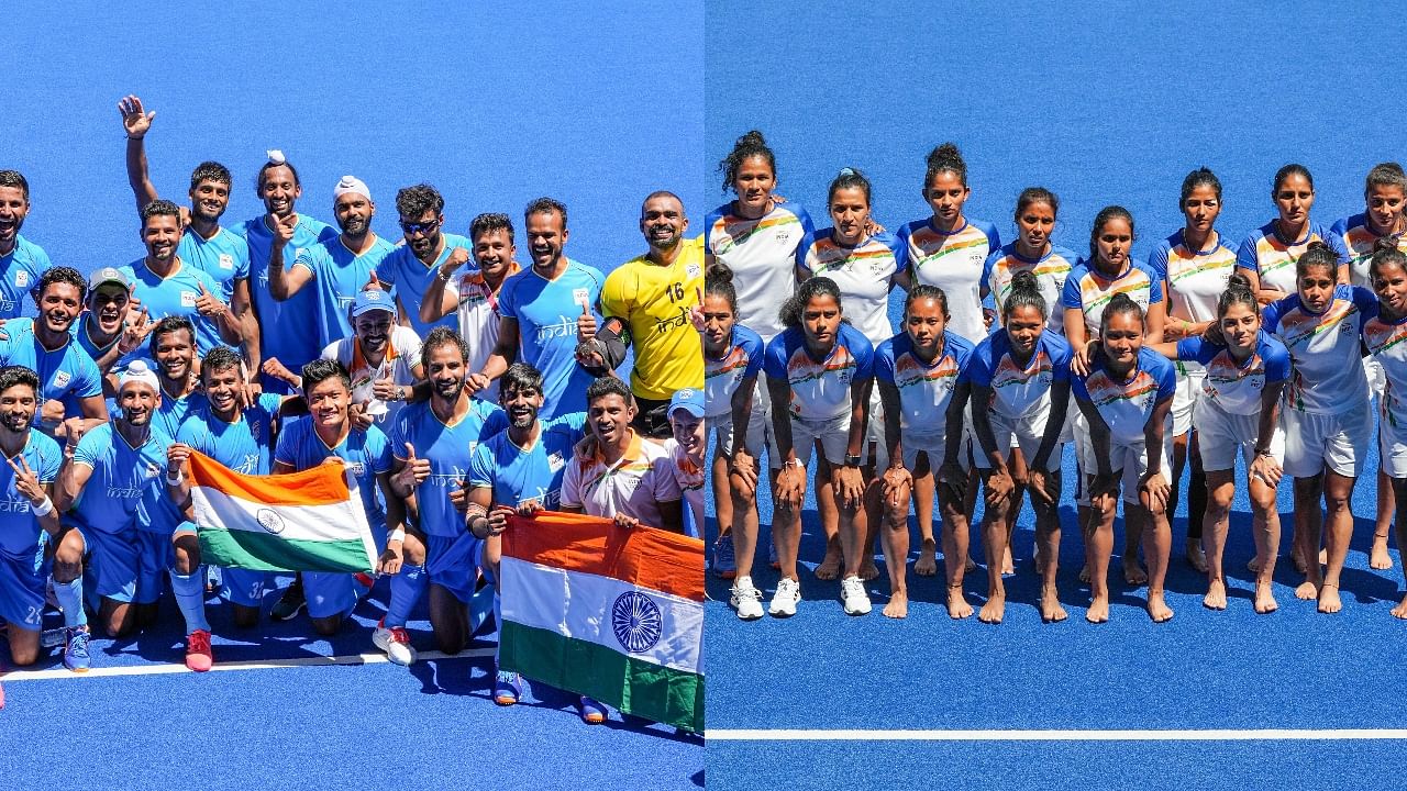The Indian men's (L) and women's hockey teams. Credit: PTI Photos